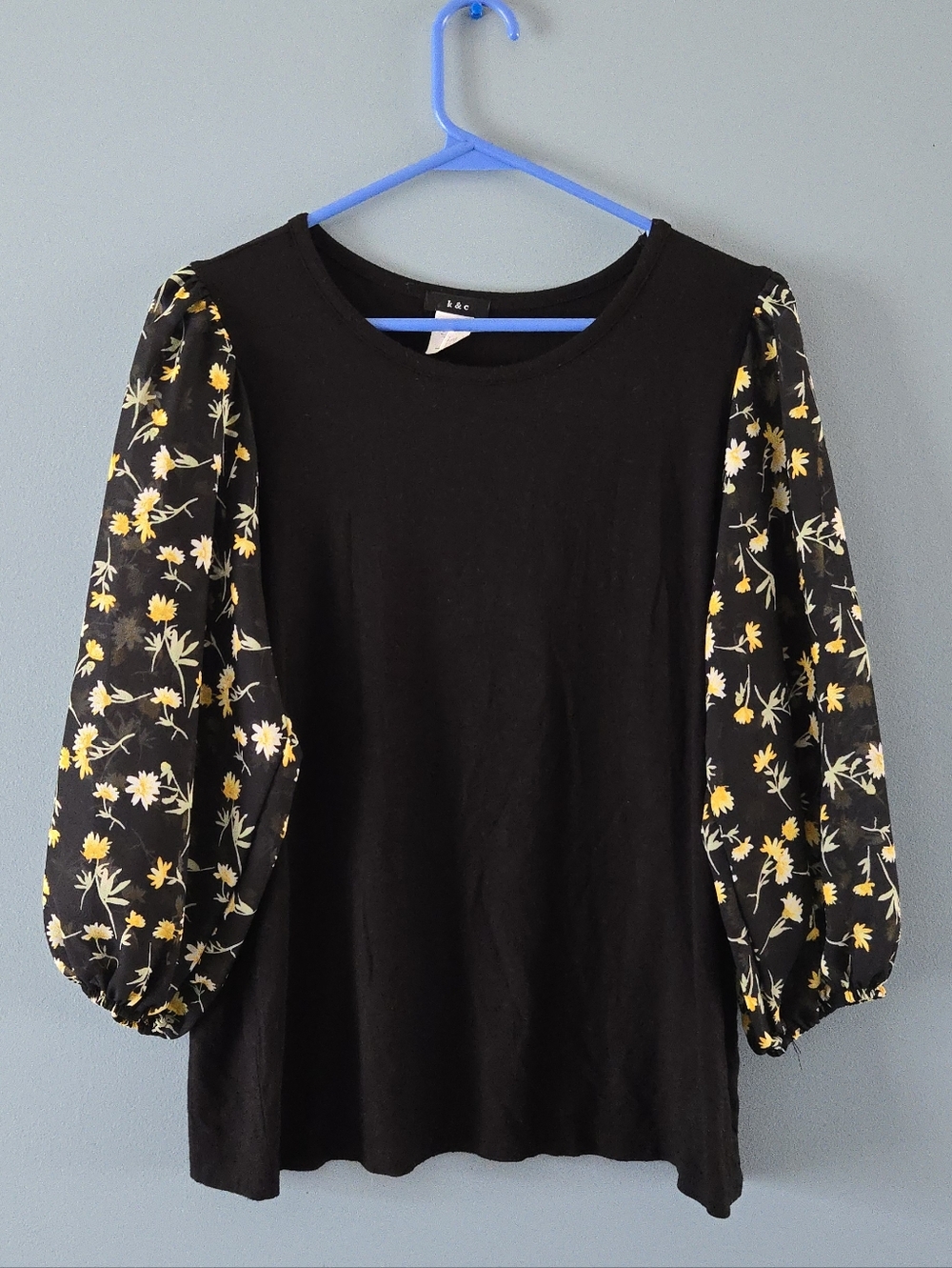 Floral Sheer Sleeved Black Top Medium
